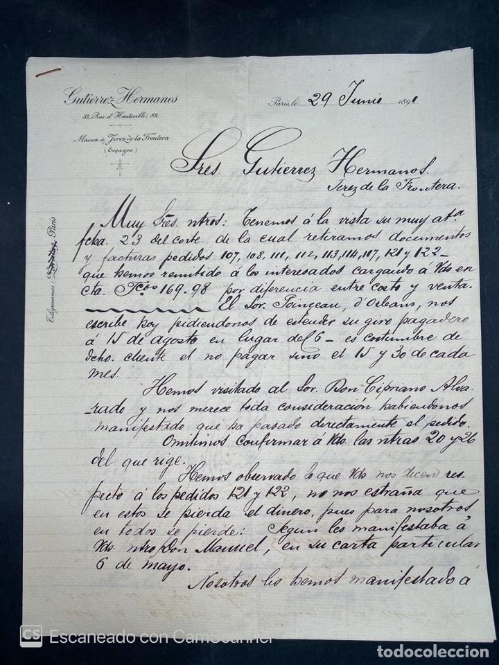 Commercial Letters: CARTA COMERCIAL. GUTIERREZ HERMANOS, PARIS, 1891. PARA GUTIERREZ HNOS, JEREZ DE LA FRA.
