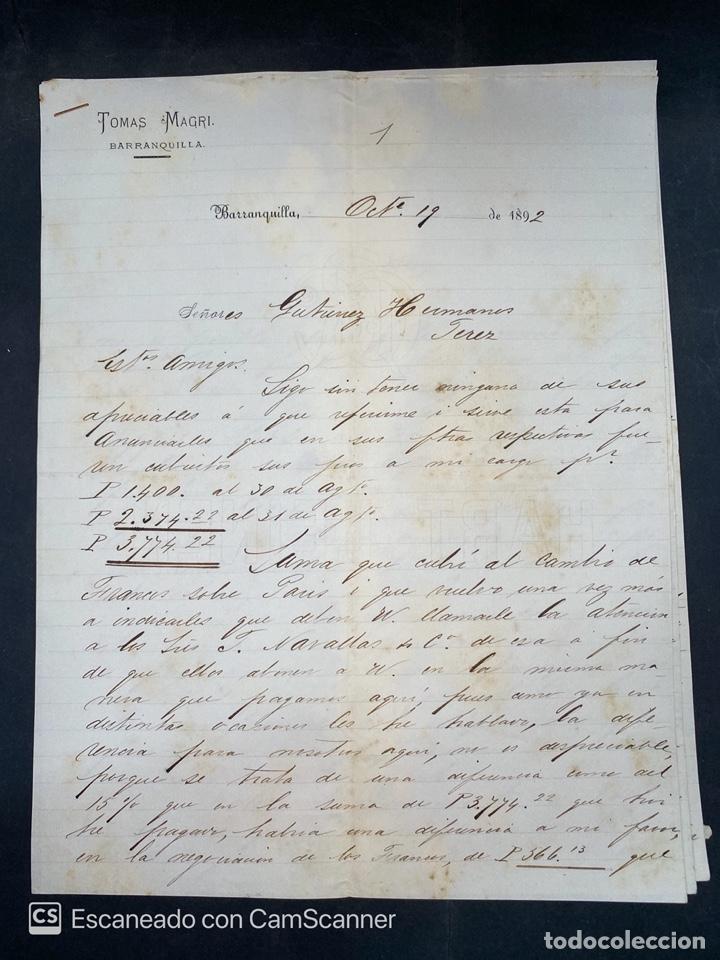 Commercial Letters: CARTA COMERCIAL. TOMAS MAGRI. BARRANQUILLA-COLOMBIA, 1892. PARA GUTIERREZ HNOS. VER