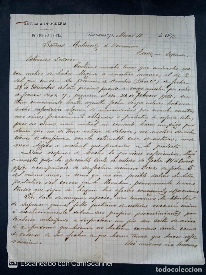 Commercial Letters: CARTA COMERCIAL. BOTICA & DROGUERIA FORERO & LOPEZ. BUCARAMANGA-COLOMBIA, 1892.PARA GUTIERREZ HNOS.