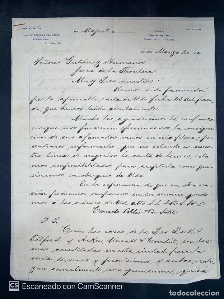 Cartas comerciales: CARTA COMERCIAL. CAMACHO ROLD&Aacute;N & VAN SICKEL. NEW YORK, 1894. PARA GUTIERREZ HERMANOS. VER