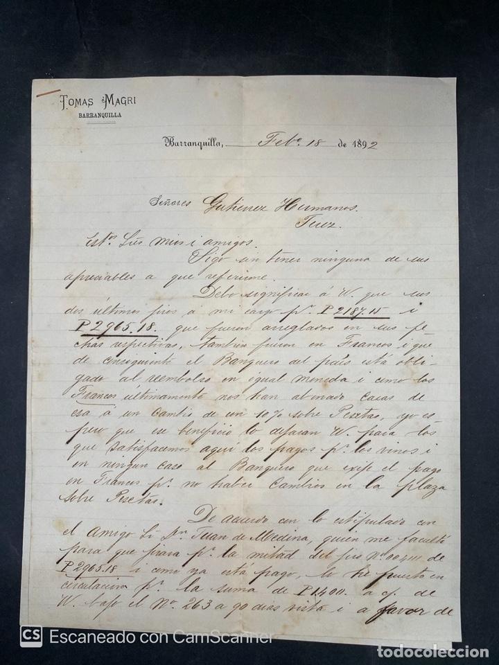 Commercial Letters: CARTA COMERCIAL. TOMAS MAGRI. BARRANQUILLA-COLOMBIA, 1892. PARA GUTIERREZ HNOS. VER