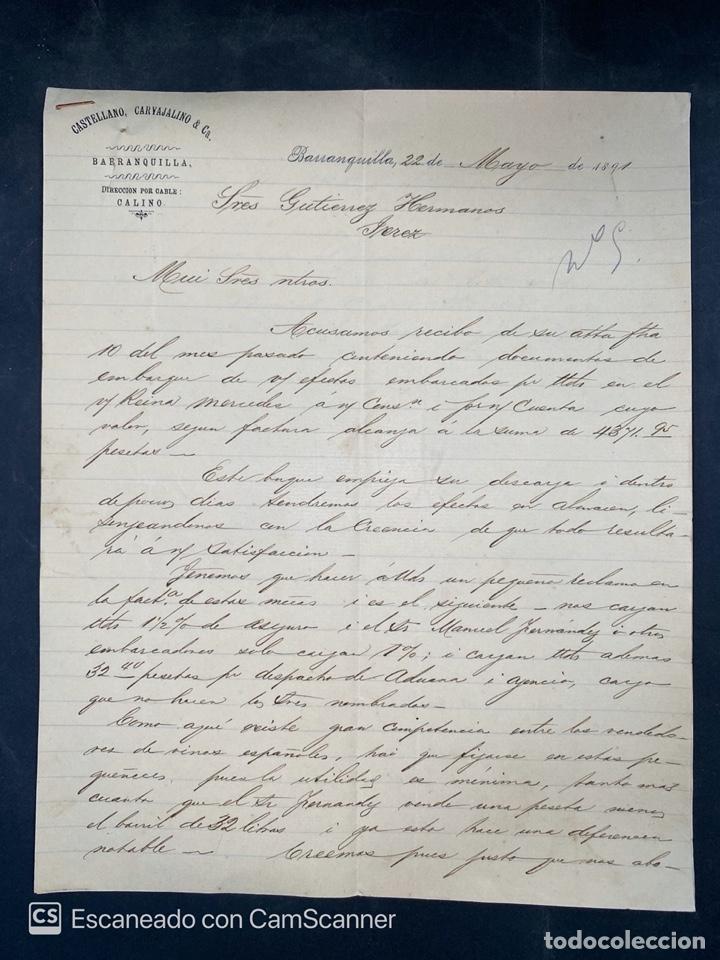 Commercial Letters: CARTA COMERCIAL. CASTELLANO, CARVAJALINO & CA. BARRANQUILLA-COLOMBIA, 1891. PARA GUTIERREZ HNOS. VER