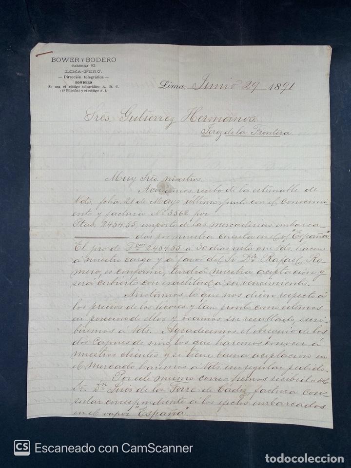 Commercial Letters: CARTA COMERCIAL. BOWER Y BODERO. LIMA-PERU, 1891. PARA GUTIERREZ HERMANOS. VER