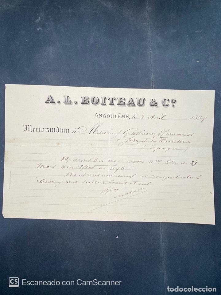 Commercial Letters: MEMORANDUM. A.L. BOITEAU & C&ordm;. ANGOULEME-FRANCIA, 1891. PARA GUTIERREZ HERMANOS, JEREZ.