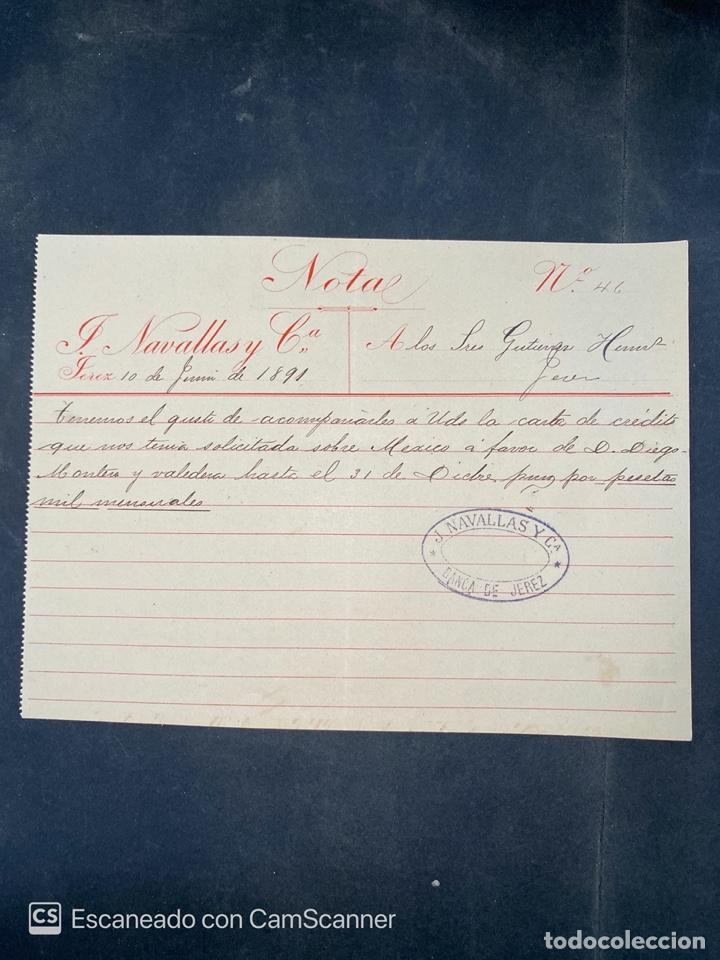 Commercial Letters: MEMORANDUM. J. NAVALLAS Y CIA, JEREZ, 1891. PARA GUTIERREZ HERMANOS. VER
