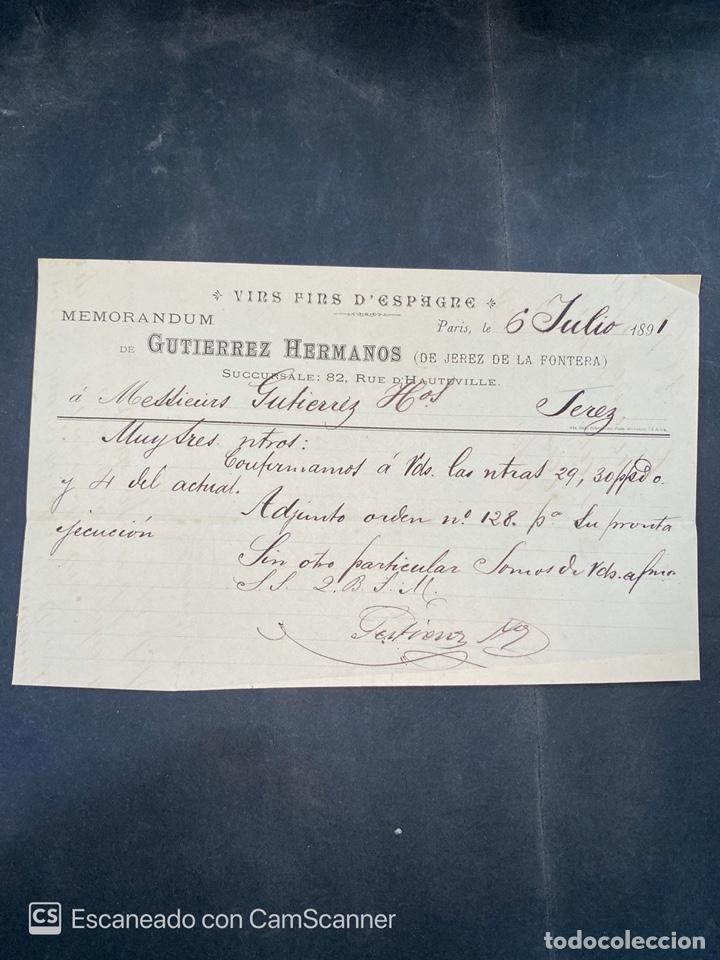 Commercial Letters: MEMORANDUM. GUTIERREZ HERMANOS. PARIS, 1891. PARA GUTIERREZ HERMANOS., JEREZ DE LA FRONTERA.