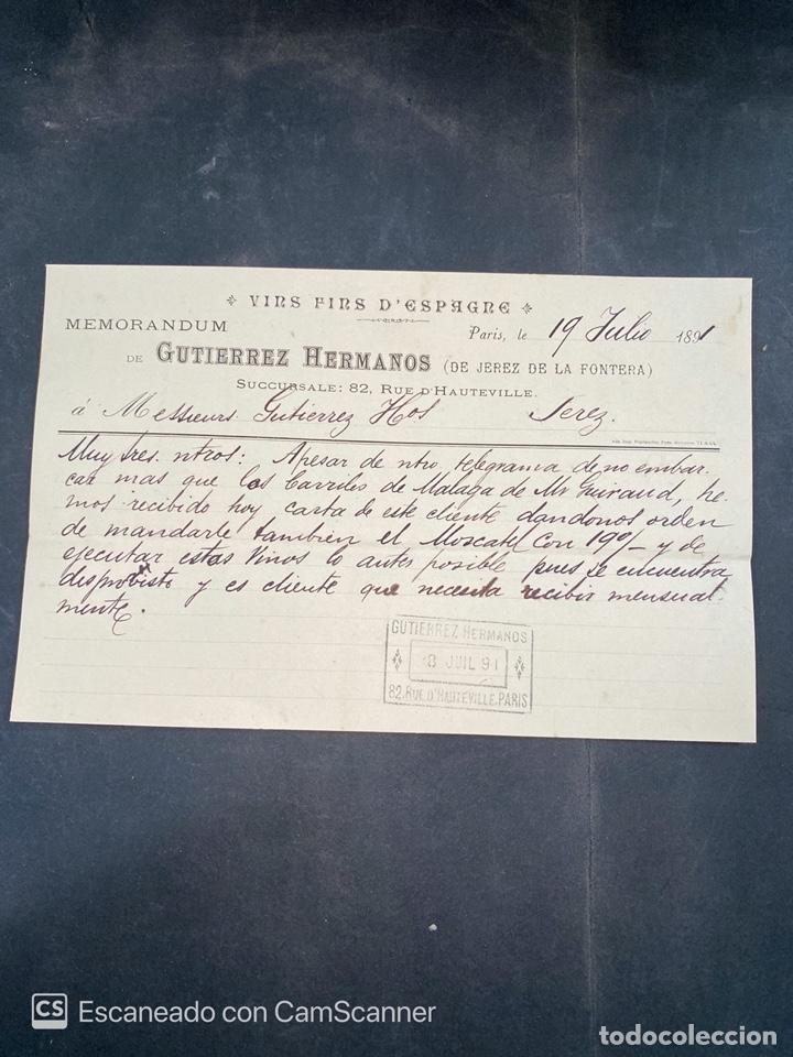 Commercial Letters: MEMORANDUM. GUTIERREZ HERMANOS. PARIS, 1891. PARA GUTIERREZ HERMANOS., JEREZ DE LA FRONTERA.