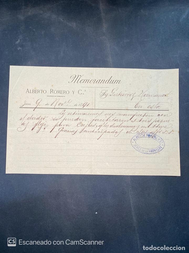 Gesch&auml;ftsbriefe: MEMORANDUM. ALBERTO ROMERO Y CIA. JEREZ 1891. PARA GUTIERREZ HERMANOS. VER
