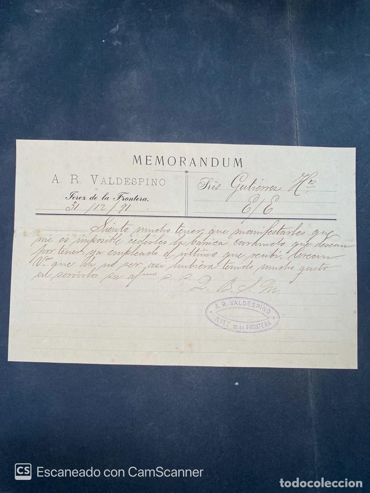 Gesch&auml;ftsbriefe: MEMORANDUM. A.R. VALDESPINO. JEREZ DE LA FRONTERA, 1891. PARA GUTIERREZ HERMANOS.