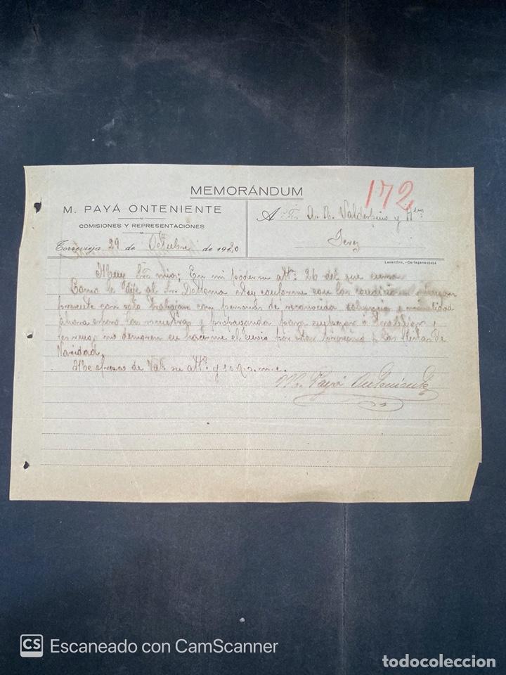 Gesch&auml;ftsbriefe: MEMORANDUM. M. PAYA ONTENIENTE. TORREVIEJA-ALICANTE, 1920. PARA A.R. VALDESPINO, JEREZ