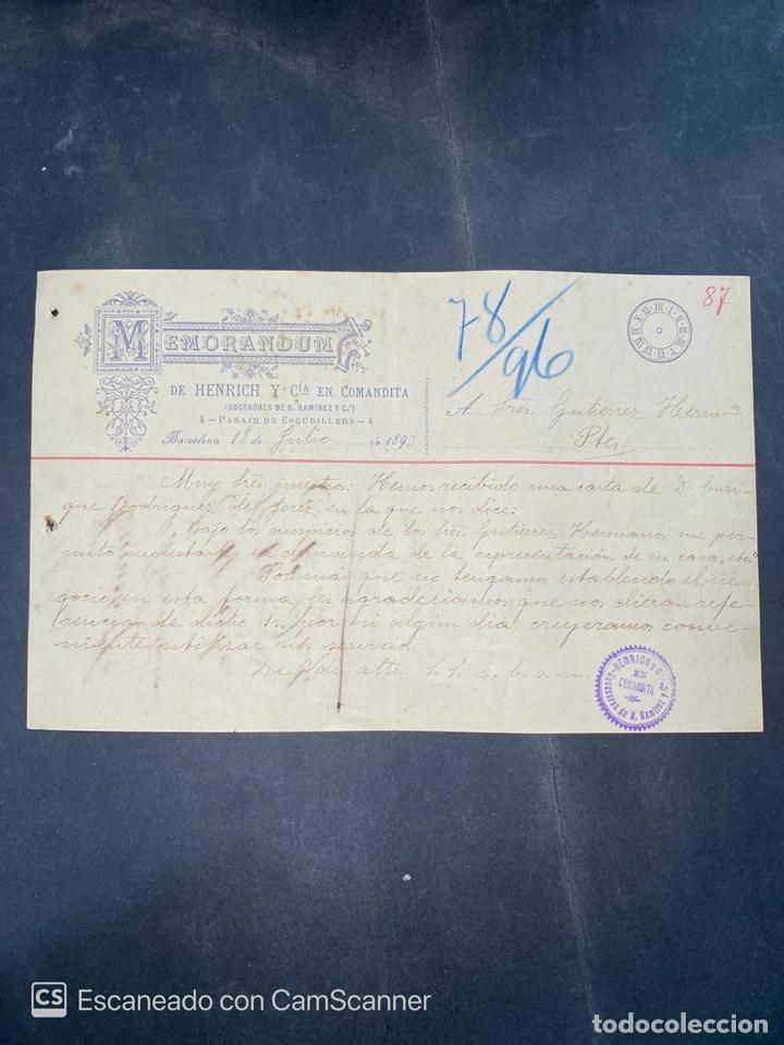 Gesch&auml;ftsbriefe: MEMORANDUM. HENRICH Y CIA EN COMANDITA. BARCELONA, 1893. PARA GUTIERREZ HERMANOS.