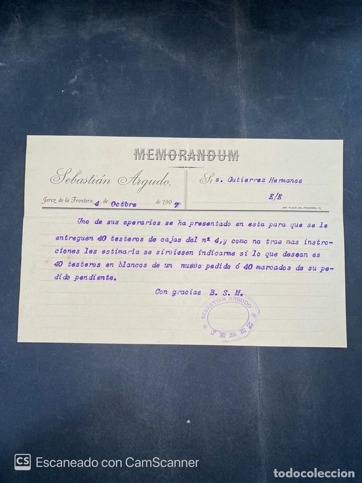 Gesch&auml;ftsbriefe: MEMORANDUM. SEBASTIAN ARGUDO. JEREZ DE LA FRONTERA, 1907. PARA GUTIERREZ HERMANOS.