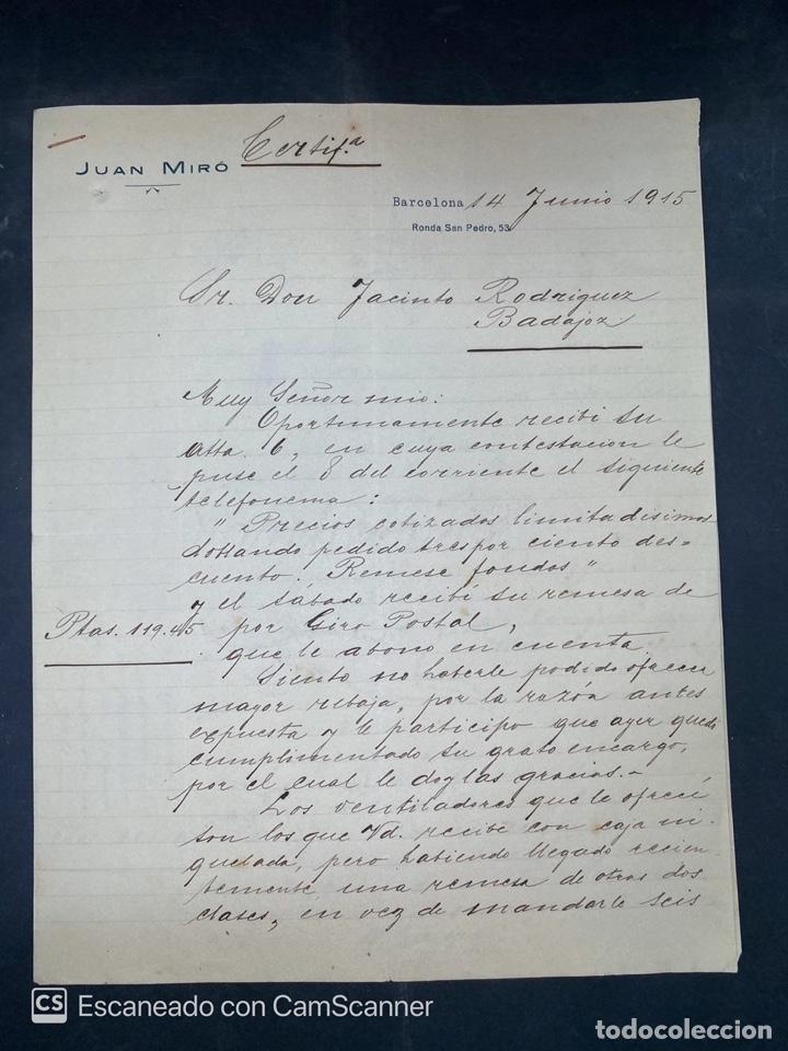 Gesch&auml;ftsbriefe: CARTA COMERCIAL. JUAN MIR&Oacute;. BARCELONA, 1915. PARA DON JACINTO RODRIGUEZ. BADAJOZ. VER