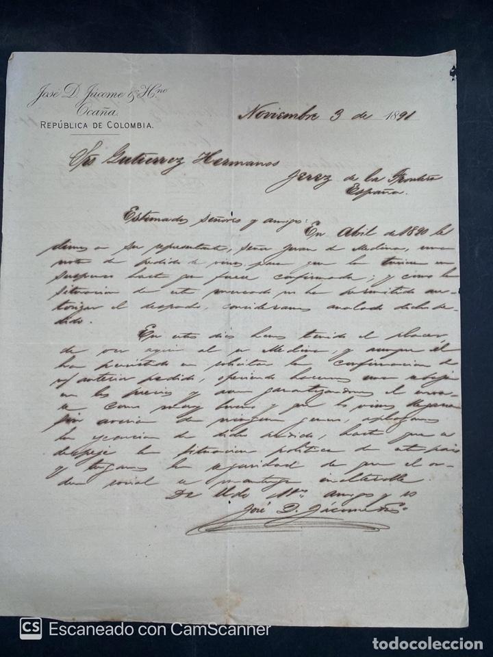 Gesch&auml;ftsbriefe: CARTA COMERCIAL. JOSE D. JACOME & HNO. OCA&Ntilde;A-COLOMBIA, 1891. PARA GUTIERREZ HERMANOS. VER
