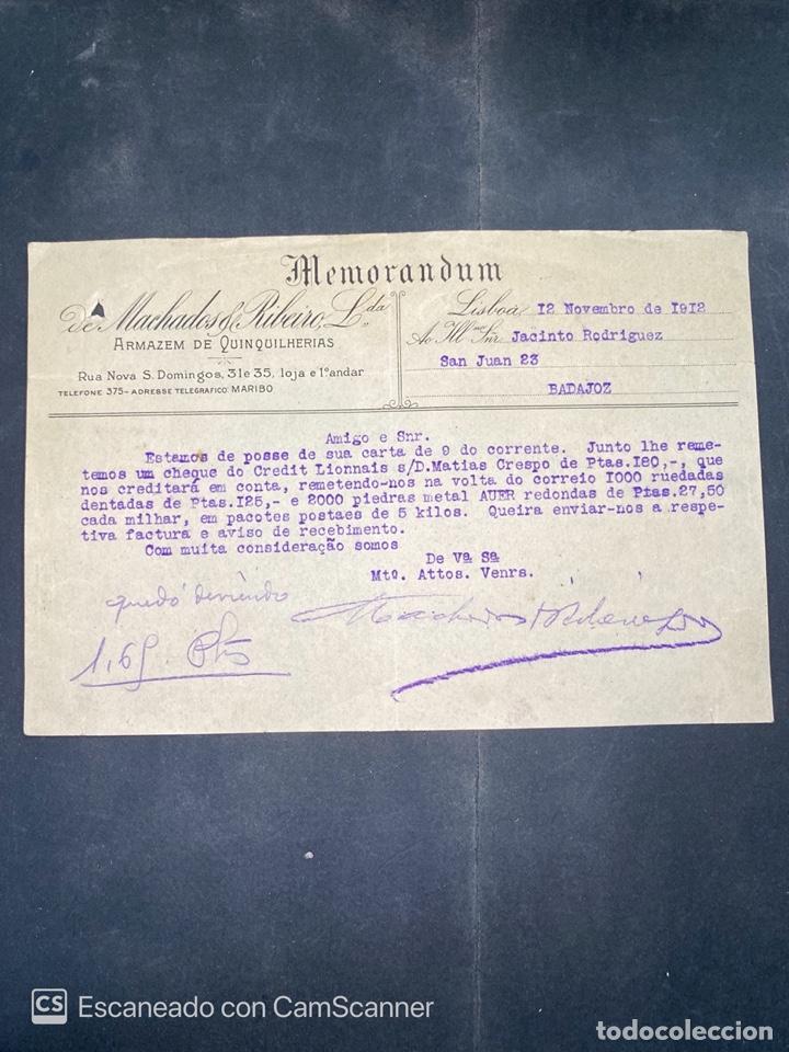 Gesch&auml;ftsbriefe: MEMORANDUM. MACHADOS & RIBEIRO. ARMAZEN DE QUINQUILHERIAS. LISBOA, 1912. PARA JACINTO RODRIGUEZ