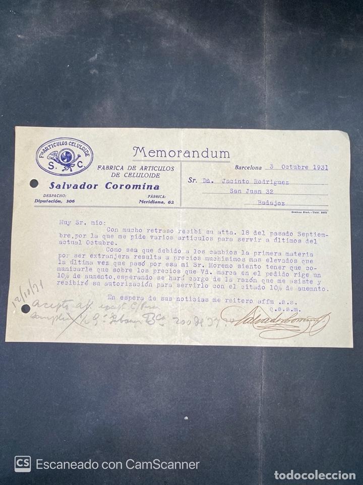 Gesch&auml;ftsbriefe: MEMORANDUM.SALVADOR COROMINA.FABRICA DE ARTICULOS CELULOIDE. BARCELONA, 1931. PARA JACINTO RODRIGUEZ