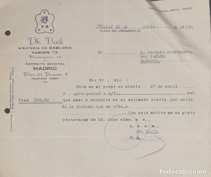 Gesch&auml;ftsbriefe: Carta comercial. Ph. Back. Bisuter&iacute;a de Gablonz. Madrid 1934