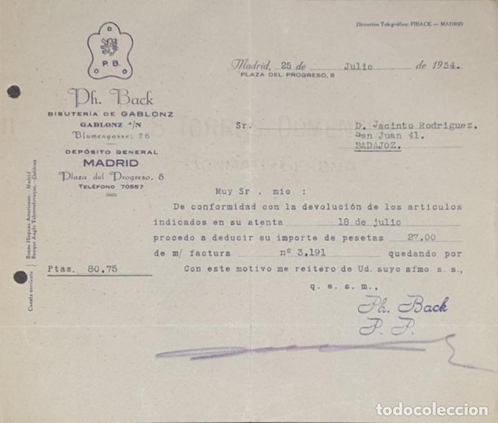 Gesch&auml;ftsbriefe: Carta comercial. Ph. Back. Bisuter&iacute;a de Gablonz. Madrid 1934