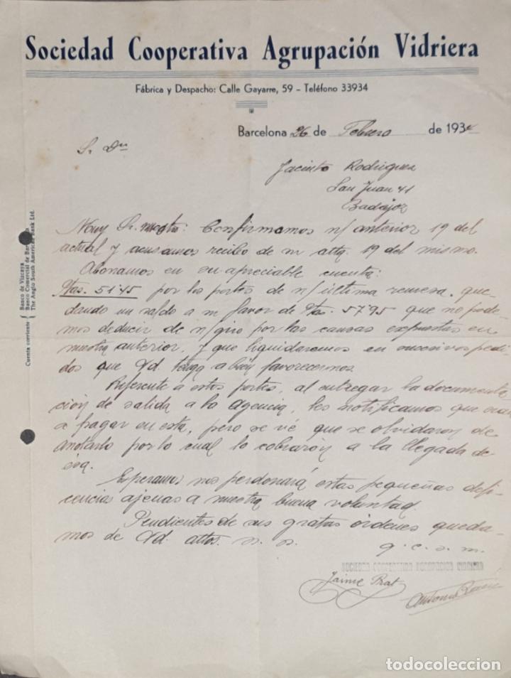 Gesch&auml;ftsbriefe: Carta comercial. Sociedad Cooperativa Agrupaci&oacute;n Vidriera. Barcelona. Espa&ntilde;a 1934
