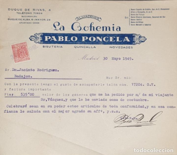 Gesch&auml;ftsbriefe: Carta comercial. Pablo Poncela. La Bohemia. Bisuter&iacute;a-Quincalla. Madrid 1949