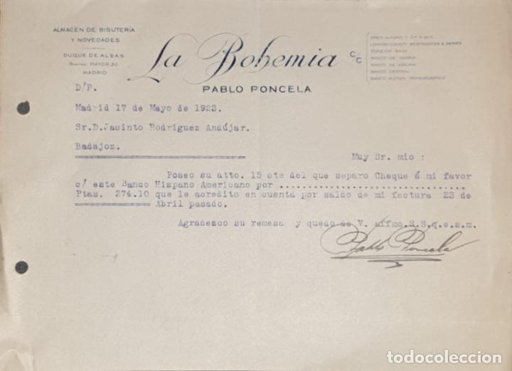 Gesch&auml;ftsbriefe: Carta comercial. Pablo Poncela. La Bohemia. Bisuter&iacute;a-Quincalla. Madrid 1923