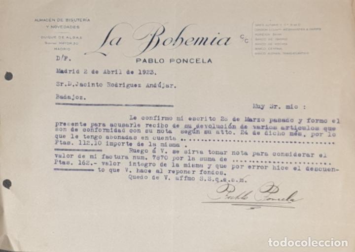 Gesch&auml;ftsbriefe: Carta comercial. Pablo Poncela. La Bohemia. Bisuter&iacute;a-Quincalla. Madrid 1923