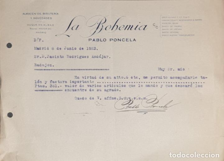Gesch&auml;ftsbriefe: Carta comercial. Pablo Poncela. La Bohemia. Bisuter&iacute;a-Quincalla. Madrid 1923