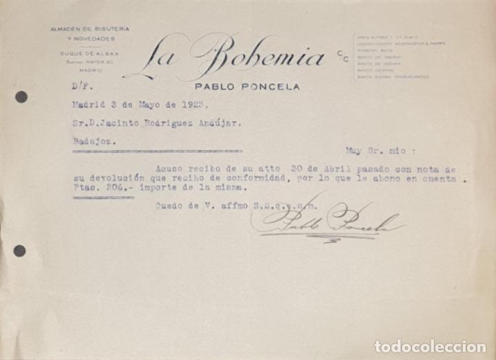 Gesch&auml;ftsbriefe: Carta comercial. Pablo Poncela. La Bohemia. Bisuter&iacute;a-Quincalla. Madrid 1923