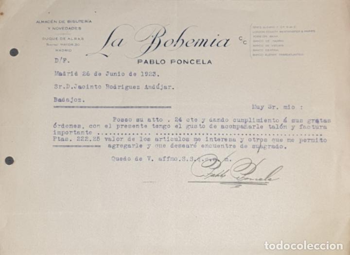 Gesch&auml;ftsbriefe: Carta comercial. Pablo Poncela. La Bohemia. Bisuter&iacute;a-Quincalla. Madrid 1923
