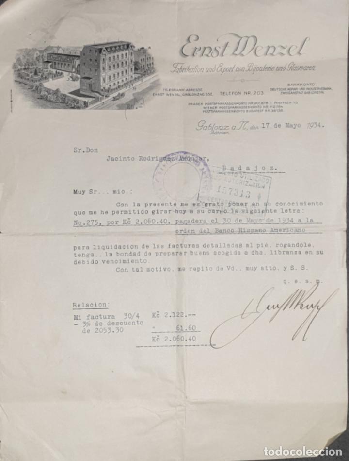 Gesch&auml;ftsbriefe: Carta comercial. Ernest Menzel. Fabrikation und Export Bijouterie undGlasmaren. B&ouml;hmen 1934
