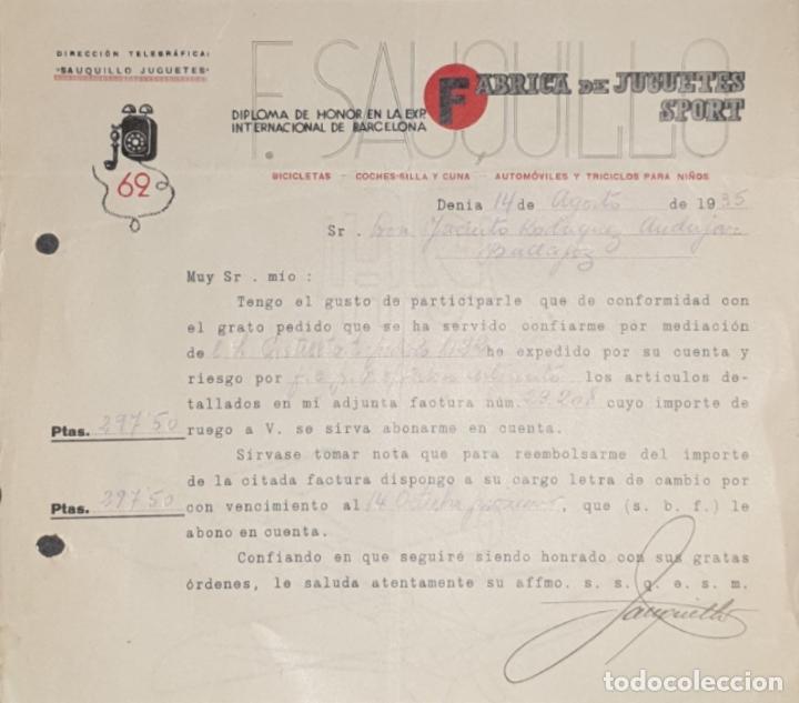 Gesch&auml;ftsbriefe: Carta comercial. F. Sauquillo. F&aacute;brica de juguetes Sport. Denia 1935