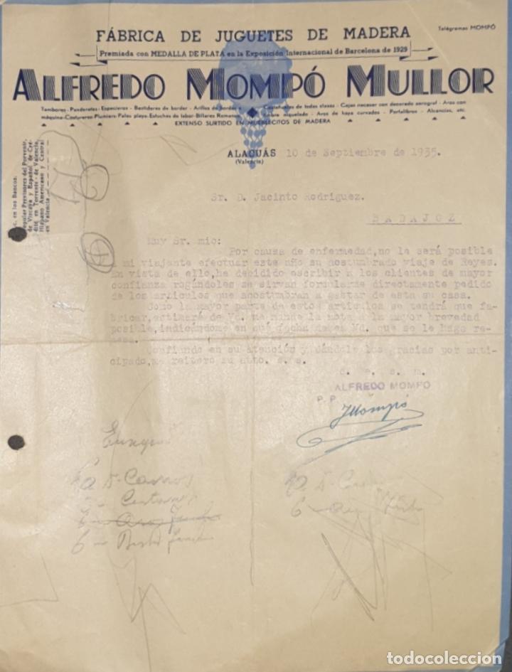 Gesch&auml;ftsbriefe: Carta comercial. Alfredo Momp&oacute; Mullor. F&aacute;brica de juguetes de madera. Valencia 1935