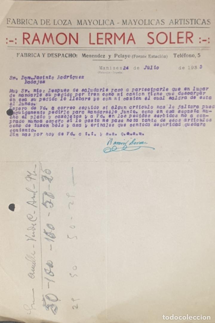 Gesch&auml;ftsbriefe: Carta comercial. Ramon Lerma Soler. F&aacute;brica de loza Mayolica. Mayolicas artisticas. Valencia 1935