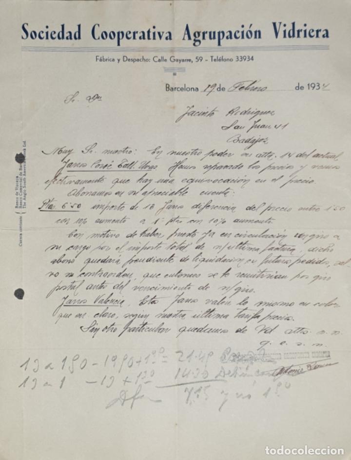 Gesch&auml;ftsbriefe: Carta comercial. Sociedad Cooperativa Agrupaci&oacute;n Vidriera. Barcelona. Espa&ntilde;a 1934