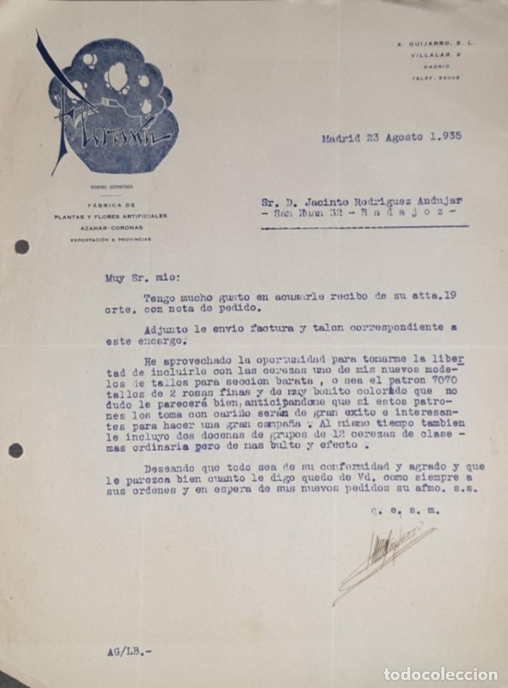 Gesch&auml;ftsbriefe: Carta comercial. Floresson. F&aacute;brica de plantas y flores artificiales. Madrid. Espa&ntilde;a 1935