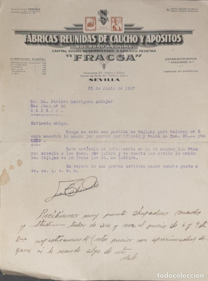 Gesch&auml;ftsbriefe: Carta comercial. Fracsa. F&aacute;bricas Reunidas de caucho y ap&oacute;sitos. Sevilla. Espa&ntilde;a 1937