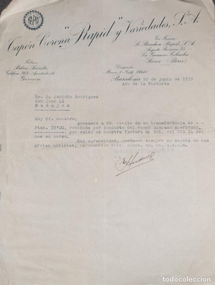 Gesch&auml;ftsbriefe: Carta comercial. Tap&oacute;n Corona &rdquo;Rapid&rdquo; y Variedades S.A. Barcelona. Espa&ntilde;a 1939
