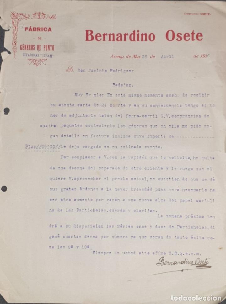 Gesch&auml;ftsbriefe: Carta comercial. Bernardino Osete. F&aacute;brica de g&eacute;neros de punto. Arenys de Mar 1916