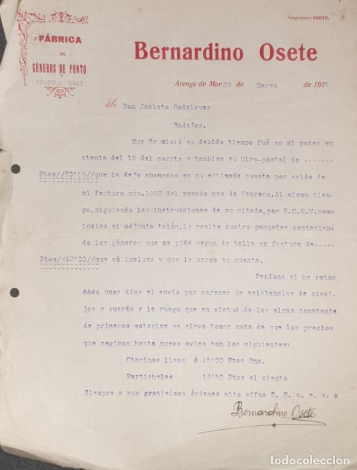 Gesch&auml;ftsbriefe: Carta comercial. Bernardino Osete. F&aacute;brica de g&eacute;neros de punto. Arenys de Mar 1916