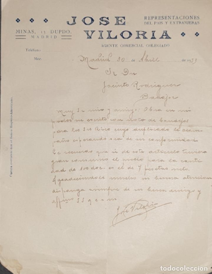 Gesch&auml;ftsbriefe: Carta comercial. Jose Viloria. Agente Comercial Colegiado. Madrid. Espa&ntilde;a 1933