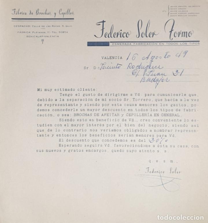 Gesch&auml;ftsbriefe: Carta comercial. Federico Soler Tormo. F&aacute;brica de brochas y Cepillos. Valencia. Espa&ntilde;a 1949