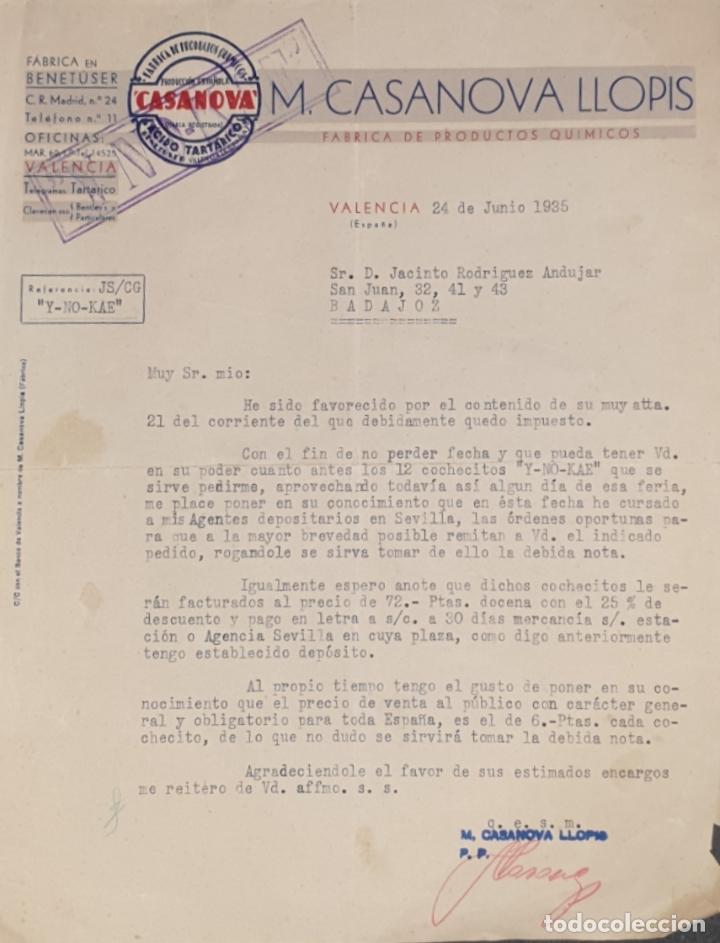 Gesch&auml;ftsbriefe: Carta comercial. M. Casanova Llopis. F&aacute;brica de Productos Qu&iacute;micos. Valencia. Espa&ntilde;a 1935