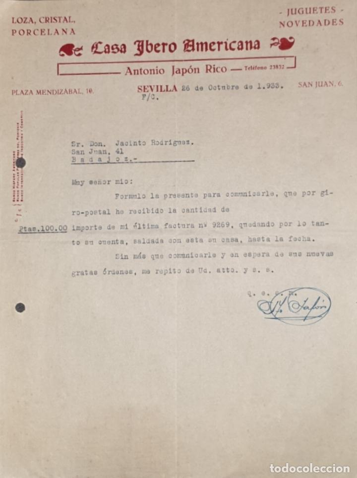 Gesch&auml;ftsbriefe: Carta comercial. Antonio Jap&oacute;n Rico. Casa Ybero Americana. Loza y Cristal. Sevilla. Espa&ntilde;a 1933
