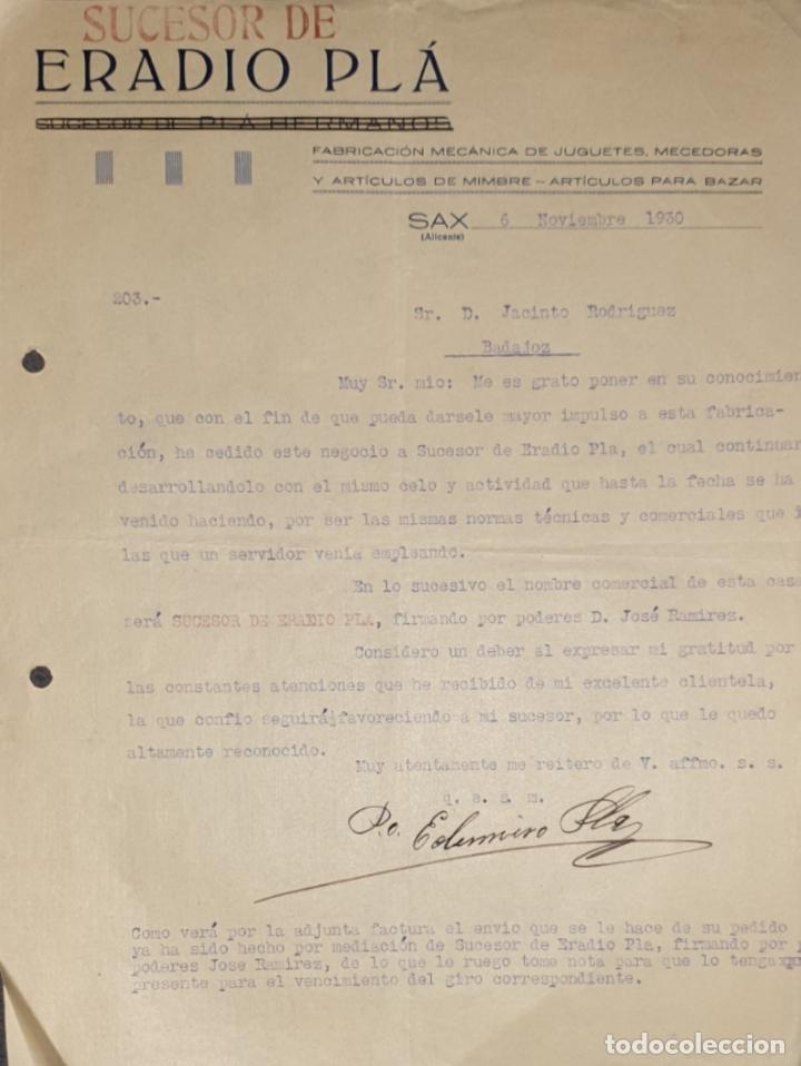 Gesch&auml;ftsbriefe: Carta comercial. Sucesor de Eradio Pl&aacute;. Fabricaci&oacute;n mec&aacute;nica de juguetes. Alicante. Espa&ntilde;a 1930
