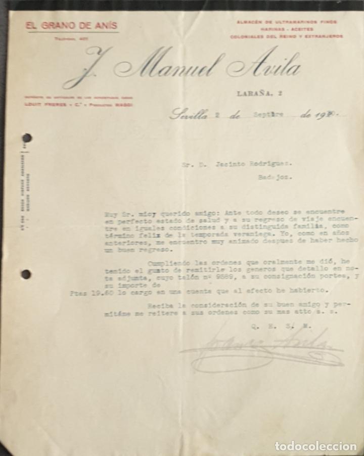 Gesch&auml;ftsbriefe: Carta comercial. J. Manuel Avila. El Grano de An&iacute;s. Almac&eacute;n de Ultramarinos. Sevilla. Espa&ntilde;a 1930