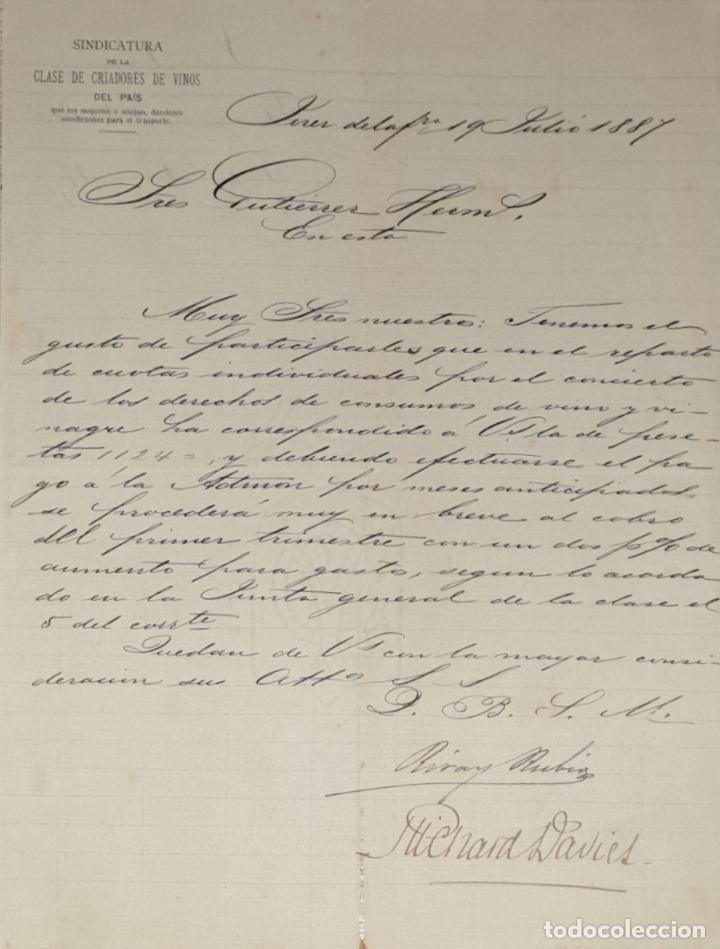 Gesch&auml;ftsbriefe: Carta comercial. Sindicatura de la clase de criadores de vinos del Pa&iacute;s. Jerez 1887