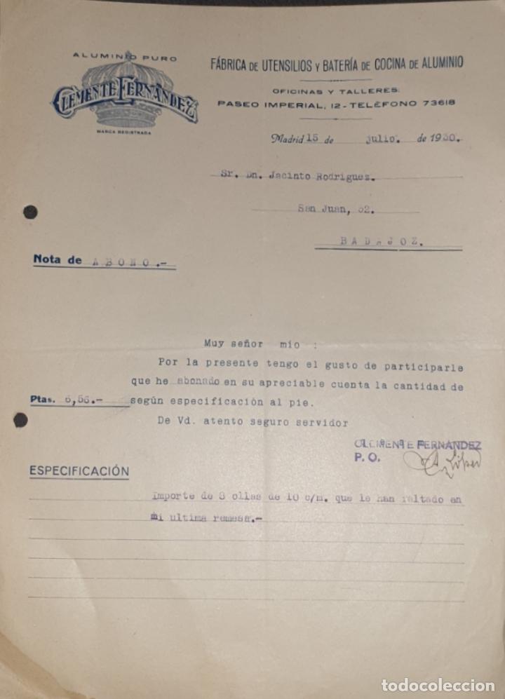 Gesch&auml;ftsbriefe: Carta comercial. Clemente Fernandez. Aluminio Puro. Fabrica utensilios cocina aluminio. Madrid 1930