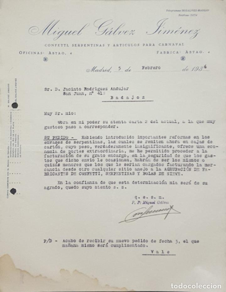 Gesch&auml;ftsbriefe: Carta comercial. Miguel G&aacute;lvez Jim&eacute;nez. Confetti, serpentinas y art&iacute;culos carnaval. Madrid 1936