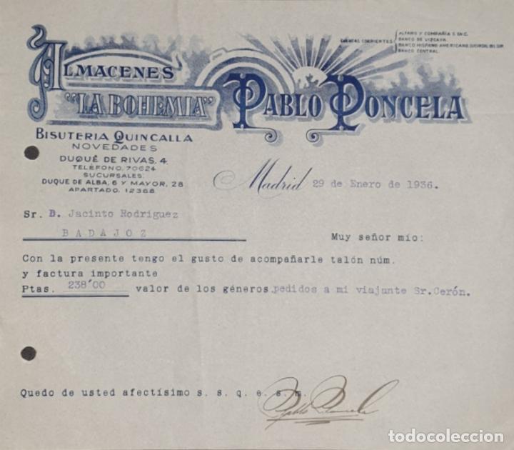 Gesch&auml;ftsbriefe: Carta comercial. Pablo Poncela. La Bohemia. Bisuter&iacute;a-Quincalla. Madrid 1936