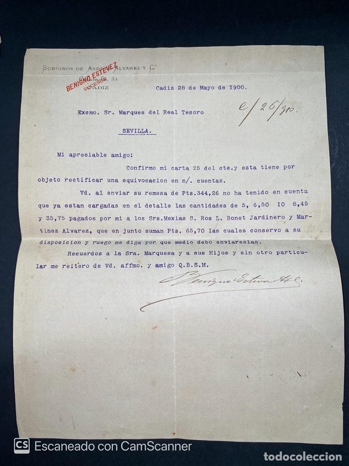 Gesch&auml;ftsbriefe: CARTA COMERCIAL. SOBRINOS DE ANDRES ALVAREZ Y CIA. BENINGNO ESTEVEZ. CADIZ, 1900.MARQUES REAL TESORO